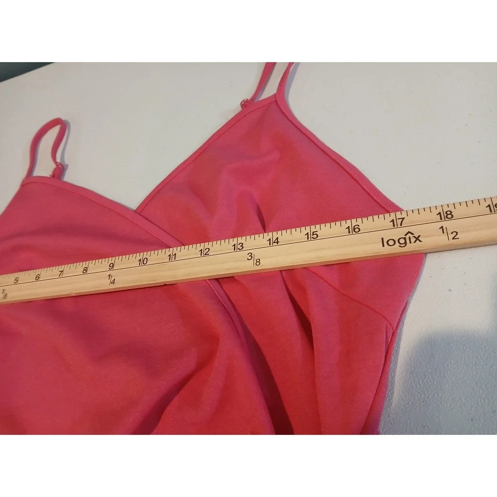 New Coral Pink Wrap Front Ruched Mini Dress XL Sleeveless Spaghetti Strap - Picture 9 of 12